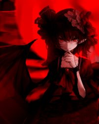 Rule 34 | 1girl, ascot, bat wings, brooch, choker, closed mouth, dark, fang, fang out, full moon, hand up, hat, hat ribbon, jewelry, looking at viewer, m.u.g.e.n, moon, pointy ears, puffy sleeves, red eyes, red moon, red theme, remilia scarlet, ribbon, rion (glayjirobass), smile, solo, touhou, upper body, wings