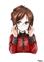 Rule 34 | 10s, 1girl, adjusting eyewear, blue eyes, braid, brown hair, closed mouth, commentary, cropped torso, crown braid, dated, epaulettes, girls und panzer, glasses, jacket, long sleeves, looking at viewer, military, military uniform, nilgiri (girls und panzer), portrait, red jacket, round eyewear, short hair, simple background, smile, solo, st. gloriana&#039;s military uniform, twitter username, umxzo, uniform, white background
