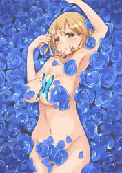 Rule 34 | 10s, 1girl, alternate breast size, arm up, armpits, blue flower, breasts, brown eyes, brown hair, bug, butterfly, censored, censored nipples, field, flower, flower censor, flower field, groin, himukaze, insect, large breasts, narusawa ryouka, navel, nude, occultic;nine, parted lips, short hair, solo, yonic symbol