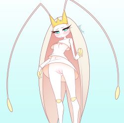 Rule 34 | 1girl, antennae, blonde hair, blue background, blue eyes, blush, breasts, cleft of venus, closed mouth, colored skin, creatures (company), embarrassed, feet out of frame, female focus, fewer digits, furry, game freak, gen 7 pokemon, humanization, kionant, long hair, looking at viewer, navel, nintendo, nipples, pheromosa, pokemon, pussy, signature, skirt, small breasts, solo, standing, ultra beast, very long hair, white skin, white skirt