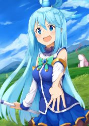 Rule 34 | &gt;:d, 1girl, :d, ame., aqua (konosuba), blue eyes, blue hair, blue skirt, blue sky, blush, breasts, cloud, commentary, creature, day, detached sleeves, frog, giant toad, grasslands, hair between eyes, hair ornament, kono subarashii sekai ni shukufuku wo!, long hair, looking at viewer, medium breasts, open mouth, outdoors, outstretched arm, skirt, sky, smile, solo, toad (animal), tongue, tongue out, v-shaped eyebrows, very long hair