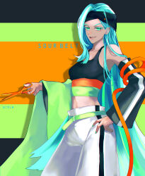 Rule 34 | 1girl, aqua eyes, aqua nails, character name, cookie run, crop top, detached sleeves, green eyes, happy, highres, humanization, long hair, multicolored hair, nekoyasiki33, open mouth, panties, personification, ribbon, scissors, shirt, sleeveless, sleeveless shirt, smile, solo, sour belt cookie, spaghetti strap, two-tone hair, underwear, white panties