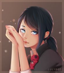 Rule 34 | 1girl, artist name, blue eyes, closed mouth, earrings, highres, jewelry, ladybug earrings, lips, looking at viewer, lulybot, marinette dupain-cheng, miraculous ladybug, nose, own hands together, ponytail, solo, tikki (miraculous ladybug), upper body
