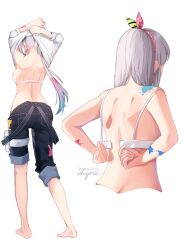 Rule 34 | 1girl, airani iofifteen, airani iofifteen (1st costume), ass, back, barefoot, blue overalls, bra, butt crack, from behind, full body, grey hair, hair ribbon, highres, hololive, hololive indonesia, long hair, neru (vhyrie), overalls, overalls pull, paint splatter, ribbon, shirt, signature, simple background, solo, underwear, undressing, virtual youtuber, white background, white shirt