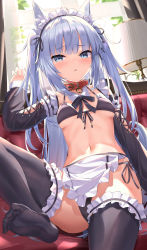 Rule 34 | 1girl, absurdres, animal ear fluff, animal ears, apron, arm garter, bikini, black bikini, black ribbon, black thighhighs, blue eyes, blue hair, blunt bangs, blush, breasts, breasts apart, bridal garter, buckle, cat ears, collar, couch, desk lamp, detached sleeves, fang, frilled apron, frilled thighhighs, frills, highres, knee up, kyonta, lamp, leaning back, long hair, long sleeves, looking at viewer, maid headdress, navel, no shoes, on couch, original, parted lips, revision, ribbon, side-tie bikini bottom, sitting, skin fang, skindentation, small breasts, soles, solo, stomach, swimsuit, thighhighs, toes, two side up, underboob, very long hair, waist apron, white apron