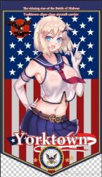 1girl american_flag belt blonde_hair blue_eyes blue_skirt blush breasts buxiuhongxingshe_jintiantuopinlema crop_top elbow_gloves english_text flag_background gloves hair_ornament hairclip hand_on_own_hip index_finger_raised large_breasts looking_at_viewer midriff navel necktie open_mouth pleated_skirt red_necktie sailor_collar samuel shirt short_hair skirt sleeveless sleeveless_shirt smile solo star_(symbol) suspenders united_states warship_girls_r weibo_logo weibo_watermark white_gloves yorktown_(warship_girls_r)