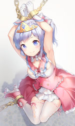 Rule 34 | 1girl, absurdres, anchor symbol, arms up, bdsm, blue eyes, blue hair, bondage, bound, bound wrists, chain, commentary request, cuffs, dress, gloves, highres, looking at viewer, okazakileo, pink dress, ponytail, princess, restrained, roller skates, shackles, sigsbee (warship girls r), sitting, skates, smile, solo, thighhighs, tiara, tied up (nonsexual), tile floor, tiles, wariza, warship girls r, white gloves