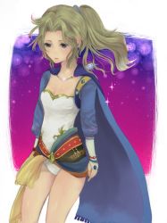 Rule 34 | 1girl, blonde hair, breasts, cape, capelet, cleavage, cloak, commentary request, earrings, final fantasy, final fantasy vi, gold trim, graphite (medium), gurumi mami, jewelry, leotard, long hair, ponytail, solo, tina branford, traditional media