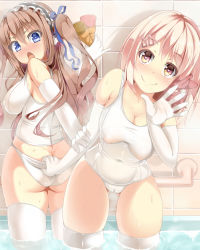 Rule 34 | 2girls, :o, ass, bad id, bad pixiv id, bath, blue eyes, breasts, brown hair, butt crack, covered navel, fay (fay axl), hair ornament, hairclip, heart, heart-shaped pupils, long hair, looking back, multiple girls, one-piece swimsuit, original, pink hair, smile, steam, swimsuit, symbol-shaped pupils, thighhighs, thighs, tile wall, tiles, twintails, water, white legwear, white one-piece swimsuit, yellow eyes
