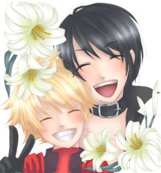 Rule 34 | 1boy, 1girl, age difference, black hair, blonde hair, choker, closed eyes, flower, kyle dunamis, mother and son, open mouth, rutee katrea, short hair, tales of (series), tales of destiny, tales of destiny 2, v