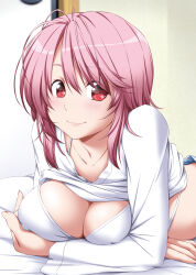 Rule 34 | 1girl, alternate costume, breasts, cleavage, clothes lift, highres, large breasts, lying, nori tamago, on stomach, pink hair, red eyes, saigyouji yuyuko, shirt, shirt lift, short hair, smile, solo, touhou, white shirt