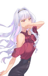 Rule 34 | 1girl, absurdres, bare shoulders, black hairband, black skirt, breasts, covering own mouth, grey hair, hairband, high-waist skirt, highres, idolmaster, long hair, looking at viewer, medium breasts, narrow waist, off-shoulder shirt, off shoulder, pencil skirt, red eyes, red shirt, shijou takane, shirt, simple background, skimun, skirt, solo, taut clothes, taut shirt, very long hair, white background