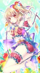 Rule 34 | 1girl, anklet, arm strap, ass, bikini, bikini skirt, blonde hair, bow, bracelet, brooch, cup, drinking glass, drinking straw, flandre scarlet, flower, food, frilled bikini, frills, fruit, hair flower, hair ornament, hand in own hair, jewelry, looking at viewer, necklace, open mouth, orange (fruit), orange slice, pendant, red bikini, red eyes, riichu, side ponytail, solo, standing, standing on one leg, swimsuit, thigh strap, touhou, wings