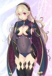 Rule 34 | 1girl, absurdres, black thighhighs, blue cape, breasts, bridal gauntlets, cape, cleavage, corrin (female) (fire emblem), corrin (fire emblem), covered navel, cowboy shot, dark mage (fire emblem fates), fire emblem, fire emblem fates, grey hair, groin, hairband, highres, kashiwamochi yomogi, large breasts, long hair, nintendo, open mouth, pointy ears, red eyes, revealing clothes, skin tight, solo, sweat, thighhighs, very long hair