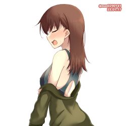 Rule 34 | 1girl, blush, brown hair, closed eyes, competition swimsuit, dated, green jacket, jacket, kantai collection, long hair, long sleeves, m.a.o, one-hour drawing challenge, one-piece swimsuit, ooi (kancolle), open mouth, simple background, solo, swimsuit, swimsuit under clothes, twitter username, upper body, white background