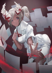 Rule 34 | 1girl, alchemy stars, bandaged arm, bandages, bandaid, bandaid on leg, blazpu, blood, blood on clothes, blue eyes, boots, breasts, dress, flower, grey hair, hand up, highres, horns, looking at viewer, magical girl, medium breasts, outstretched arm, paper, pasolo (alchemy stars), reaching, reaching towards viewer, rose, short hair, short sleeves, side ponytail, solo, white dress, white flower, white footwear, white rose
