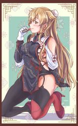 Rule 34 | 1girl, absurdres, asymmetrical clothes, brown eyes, bun cover, china dress, chinese clothes, commentary request, double bun, dress, full body, garter straps, gloves, gradient hair, hair bun, heterochromia, highres, kantai collection, kneeling, light brown hair, lipstick, long hair, makeup, multicolored hair, murasame (kancolle), murasame kai ni (kancolle), red eyes, single garter strap, solo, thrux, two side up, white gloves