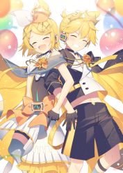 Rule 34 | 1boy, 1girl, back-to-back, balloon, black cape, black gloves, black shorts, blonde hair, bow, cape, closed eyes, commentary, crown, flower, gloves, hair bow, hair ornament, hairclip, headphones, kagamine len, kagamine rin, locked arms, midriff, open mouth, orange bow, pleated skirt, rose, short hair, short sleeves, shorts, simple background, sinaooo, skirt, smile, vocaloid, waist bow, white background, white skirt, yellow flower, yellow rose