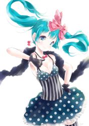 Rule 34 | 1girl, absurdres, aqua eyes, aqua hair, breasts, cleavage, earrings, gloves, hatsune miku, highres, jewelry, kowiru, long hair, simple background, solo, thighhighs, twintails, vocaloid