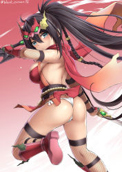 Rule 34 | &gt;:(, 1girl, ahoge, arm guards, arm up, armor, ass, back, bare shoulders, black hair, blue eyes, blush, breasts, butt crack, character request, closed mouth, dual wielding, fishnet gloves, fishnet legwear, fishnets, from behind, frown, gloves, gradient background, hair between eyes, headpiece, highres, holding, holding sword, holding weapon, kuromayu, large breasts, leg up, long hair, looking at viewer, looking back, panties, pink background, pink footwear, pond, ponytail, red scarf, revealing clothes, sash, scarf, sennen sensou aigis, shin guards, side-tie panties, sideboob, solo, sweat, sword, thighs, twitter username, underwear, v-shaped eyebrows, weapon, white panties
