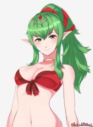 Rule 34 | 1girl, arms at sides, bare arms, bare shoulders, bikini, blush, breasts, cleavage, closed mouth, collarbone, female focus, fire emblem, fire emblem awakening, fire emblem heroes, gem, green eyes, green hair, grimmelsdathird, hair between eyes, hair ribbon, headpiece, highres, jewelry, long hair, looking at viewer, medium breasts, navel, neck, neck ring, nintendo, pointy ears, ponytail, red bikini, red gemstone, red ribbon, ribbon, simple background, smile, solo, swimsuit, tiki (adult) (fire emblem), tiki (adult) (summer) (fire emblem), tiki (fire emblem), twitter username, upper body, white background