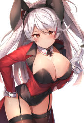 Rule 34 | 1girl, ace (playing card), ace of spades, alternate costume, animal ears, antenna hair, azur lane, black leotard, black thighhighs, breasts, card, cleavage, covered navel, cross, detached collar, eyes visible through hair, fake animal ears, fishnet thighhighs, fishnets, garter straps, gloves, hand on own hip, highres, holding, holding card, iron cross, jacket, large breasts, leaning forward, leotard, long sleeves, looking at viewer, mole, mole on breast, motokonut, multicolored hair, playboy bunny, playing card, prinz eugen (azur lane), rabbit ears, rabbit tail, red jacket, shiny skin, silver hair, solo, spade (shape), swept bangs, tail, thighhighs, two side up, white gloves, wrist cuffs