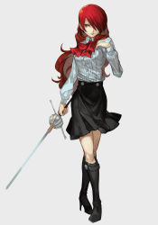 Rule 34 | 1girl, absurdres, black footwear, black skirt, boots, bow, bowtie, closed mouth, crossed legs, female focus, full body, hair over one eye, hand up, high heel boots, high heels, highres, holding, holding sword, holding weapon, hungry clicker, kirijou mitsuru, knee boots, lips, long hair, long sleeves, looking at viewer, one eye covered, persona, persona 3, rapier, red bow, red bowtie, red eyes, red hair, shirt, simple background, skirt, solo, sword, watson cross, weapon, white shirt