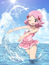 Rule 34 | 1girl, casual one-piece swimsuit, cherry blossom print, cloud, floral print, hair ornament, highres, ocean, one-piece swimsuit, one eye closed, open mouth, outdoors, outstretched arms, pink eyes, pink hair, pink skirt, pink one-piece swimsuit, puzzle &amp; dragons, short hair, skirt, sky, smile, solo, splashing, sun, swimsuit, swimsuit skirt, thighs, uzuki sakura, wading, water, zootan