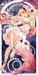 Rule 34 | 1girl, anklet, arabian clothes, armlet, barefoot, blonde hair, blush, bracelet, bracer, breasts, chiachun0621, crown, dancer, ereshkigal (fate), fate/grand order, fate (series), flower, full body, hair flower, hair ornament, harem outfit, harem pants, highres, jewelry, large breasts, long hair, looking at viewer, mouth veil, navel, neck ring, no bra, pants, red eyes, twintails, veil