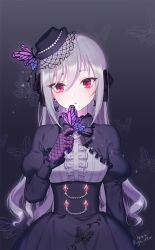 Rule 34 | 10s, 1girl, bad id, bad pixiv id, bug, butterfly, corset, gloves, gothic lolita, hair down, hat, idolmaster, idolmaster cinderella girls, idolmaster cinderella girls starlight stage, insect, kanzaki ranko, lolita fashion, long hair, red eyes, ryu nim, silver hair, solo