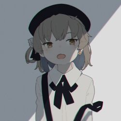 Rule 34 | 1girl, bandaid, bandaid on ear, beret, black bow, black hat, bow, brown eyes, brown hair, collared shirt, commentary request, dress shirt, fang, flower, hair flower, hair ornament, hair rings, hat, hatoba tsugu, highres, kuro kosyou, looking at viewer, open mouth, shirt, solo, suspenders, suspenders slip, tsugu (vtuber), upper body, virtual youtuber, white flower, white shirt