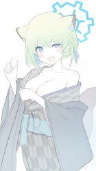 Rule 34 | 1girl, absurdres, alchohol, blue archive, breasts, green hair, halo, highres, japanese clothes, kimono, large breasts, looking at viewer, patanda, shigure (blue archive), solo, white background, yukata