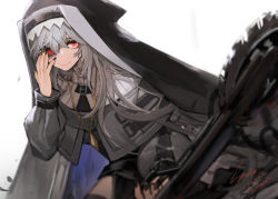 Rule 34 | 1girl, arknights, black dress, black nails, character name, circular saw, closed mouth, dated, dress, eyebrows hidden by hair, habit, hair between eyes, highres, holding, holding weapon, jewelry, leaning forward, long hair, looking at viewer, nahonanaho, nail polish, necklace, nun, red eyes, saw, shaded face, silver hair, simple background, smile, solo, specter (arknights), twitter username, very long hair, weapon, white background