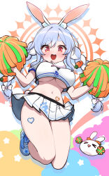 Rule 34 | &gt; &lt;, 1girl, :d, alternate breast size, alternate costume, animal ear fluff, animal ears, blue hair, blush, braid, breasts, carrot hair ornament, cheerleader, commentary request, food-themed hair ornament, full body, hair ornament, highres, hololive, jumping, kani bonara, large breasts, long hair, looking at viewer, microskirt, multicolored hair, navel, open mouth, pekomon (usada pekora), pleated skirt, pom pom (cheerleading), rabbit-shaped pupils, rabbit ears, rabbit girl, red eyes, short eyebrows, skirt, smile, solo, stomach, symbol-shaped pupils, thick eyebrows, triangle mouth, twin braids, two-tone hair, underboob, usada pekora, virtual youtuber, white hair, white skirt