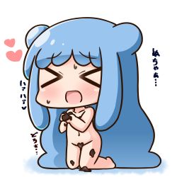 Rule 34 | &gt; &lt;, 1girl, :d, bad id, bad pixiv id, barefoot, blue hair, blush, candy, chibi, chocolate, chocolate heart, collarbone, commentary request, convenient censoring, double bun, food, full body, groin, hair bun, half slime-chan, hana kazari, heart, holding, holding food, long hair, monster girl, naked chocolate, navel, nose blush, nude, open mouth, original, revision, side bun, sidelocks, slime girl, smile, solo, translation request, valentine, very long hair, white background, xd