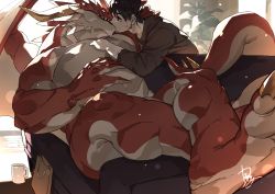 Rule 34 | 2boys, abs, bara, brown hair, clothed male nude male, contemporary, couple, cup, dragon, dragon boy, dragon wings, facial hair, feet, foreshortening, furry, furry male, furry with non-furry, goatee, hand on another&#039;s head, highres, interspecies, kimidori (dera kimidori), kiss, large pectorals, crossed legs, lying, male focus, mug, multiple boys, muscular, muscular male, nude, on back, original, pectorals, perspective, red scales, short hair, sideburns, size difference, stomach, stubble, sunlight, sweatdrop, wings, yaoi