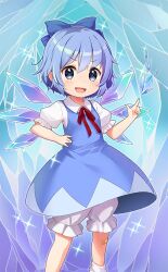 Rule 34 | 1girl, bandaid, bandaid on leg, blue bow, blue dress, blue eyes, blue hair, bow, cirno, collared shirt, dress, fairy, fairy wings, fang, frilled pants, frilled sleeves, frills, hair bow, hand on own hip, ice, ice background, ice wings, jigatei (omijin), neck ribbon, official art, open mouth, pants, pointing, puffy pants, puffy short sleeves, puffy sleeves, red ribbon, ribbon, shirt, short hair, short sleeves, smile, socks, touhou, touhou cannonball, v-shaped eyebrows, white shirt, white socks, wings