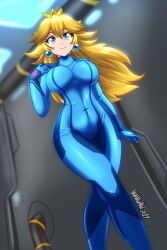 Rule 34 | 1girl, absurdres, artist name, blonde hair, blue bodysuit, blue eyes, blurry, blurry background, bodysuit, breasts, closed mouth, commentary, cosplay, covered collarbone, covered navel, crown, danmakuman, earrings, hand up, highres, indoors, jewelry, large breasts, lips, long hair, long sleeves, mario (series), metroid, mini crown, nintendo, princess peach, samus aran, samus aran (cosplay), shiny clothes, signature, simple background, skin tight, smile, super mario bros. 1, turtleneck, zero suit