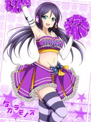 Rule 34 | 10s, 1girl, bandeau, bare shoulders, breasts, cheerleader, elbow gloves, gloves, green eyes, karamoneeze, long hair, looking at viewer, love live!, love live! school idol project, midriff, navel, open mouth, pom pom (cheerleading), purple hair, skirt, smile, strapless, takaramonozu, thighhighs, tojo nozomi, tube top, twintails