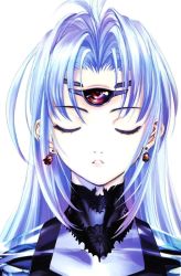 Rule 34 | 00s, 1girl, android, blue hair, closed eyes, earrings, female focus, highres, jewelry, kos-mos, long hair, portrait, see-through, simple background, solo, transparent, xenosaga, xenosaga episode ii