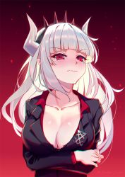 Rule 34 | 1girl, black bra, black jacket, blush, bra, breast hold, breasts, cleavage, closed mouth, collarbone, collared shirt, commentary request, curled horns, demon horns, helltaker, highres, horns, jacket, long hair, long sleeves, lucifer (helltaker), medium breasts, mole, mole under eye, open clothes, open jacket, open shirt, red background, red eyes, red shirt, shirt, silver hair, solo, sunday se7en, tears, underwear, upper body, v-shaped eyebrows, very long hair, wavy mouth