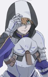 Rule 34 | 1boy, armor, arthur pendragon (fate), belt, blonde hair, closed mouth, commentary request, fate/prototype, fate (series), gauntlets, green eyes, hand up, hood, hood up, long sleeves, looking at viewer, male focus, mi (pic52pic), plate armor, shoulder armor, smile, solo, pauldrons