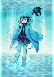 Rule 34 | 1other, androgynous, black shirt, blue coat, blue footwear, blue shorts, chikafumikou, coat, commentary request, green eyes, green hair, highres, hood, hood up, hooded coat, len&#039;en, open clothes, open coat, open mouth, other focus, shirt, shitodo aoji, shoes, short hair, shorts, sleeves past fingers, sleeves past wrists, socks, solo, underwear, white socks