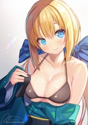 Rule 34 | 10s, 1girl, 2016, at-yui, bare shoulders, bikini, bikini top only, bikini under clothes, black bikini, blonde hair, blue bow, blue eyes, blush, bow, breasts, cleavage, collarbone, dated, head tilt, japanese clothes, kimono, large breasts, long hair, looking at viewer, obi, off shoulder, original, sash, signature, smile, solo, swimsuit, swimsuit under clothes, twitter username, upper body, wide sleeves