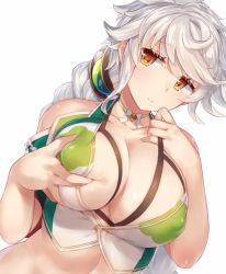 Rule 34 | 10s, 1girl, asymmetrical hair, bad id, bad pixiv id, bare shoulders, bra, breasts, cloud print, collarbone, covered erect nipples, crop top, cupless bra, deep skin, detached collar, dutch angle, grabbing, hair between eyes, hand on own chest, jitome, kantai collection, large breasts, light smile, long hair, looking at viewer, midriff, pokoten (pokoten718), puffy nipples, short sleeves, silver hair, solo, underwear, unryuu (kancolle), upper body, very long hair, yellow eyes