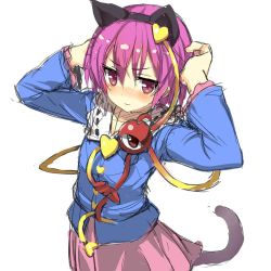 Rule 34 | 1girl, angry, animal ears, arms up, blush, cat ears, cat tail, colorized, eyeball, fake animal ears, greatmosu, hairband, heart, kemonomimi mode, komeiji satori, long sleeves, looking at viewer, md5 mismatch, pink eyes, pink hair, resized, resolution mismatch, shirt, short hair, simple background, sketch, skirt, solo, source larger, string, tail, third eye, touhou, vest, white background, wide sleeves
