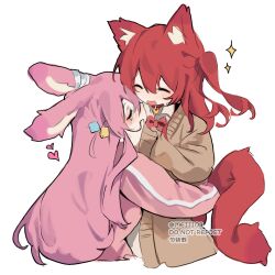 Rule 34 | 2girls, :d, animal ears, bandaged ear, blush, bocchi the rock!, bow, bowtie, brown jacket, closed eyes, cropped torso, cube hair ornament, facing another, fox ears, fox tail, gotoh hitori, hair between eyes, hair ornament, highres, hug, jacket, kita ikuyo, meijio3, multicolored clothes, multicolored jacket, multiple girls, one side up, open clothes, open jacket, open mouth, pink jacket, rabbit ears, red bow, red bowtie, red hair, simple background, smile, sparkle, tail, tearing up, two-tone jacket, white background