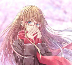 Rule 34 | 1girl, blonde hair, blue eyes, blurry, blurry background, blush, brown jacket, character request, commentary request, copyright request, covering own mouth, crying, crying with eyes open, glasses, hand over own mouth, hands up, jacket, light particles, long hair, long sleeves, looking at viewer, nabeshima tetsuhiro, red-framed eyewear, red scarf, scarf, sidelocks, solo, tears, upper body