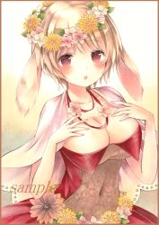 Rule 34 | 1girl, :o, animal ears, arms at sides, bad id, bad pixiv id, blonde hair, blush, breasts, cleavage, colored pencil (medium), covered navel, dress, flower wreath, hands on own chest, head wreath, large breasts, looking at viewer, marker (medium), open mouth, original, potto, rabbit ears, red dress, red eyes, sample watermark, short hair, solo, teeth, traditional media, upper body, very short hair, watermark