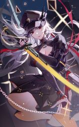 Rule 34 | 1girl, black gloves, breasts, chain, claudia (tower of fantasy), cleavage, fingerless gloves, gloves, hat, highres, holding, holding sword, holding weapon, long hair, looking at viewer, medium breasts, military, military hat, military uniform, oastlv, red eyes, skirt, solo, sword, tower of fantasy, uniform, weapon, white hair